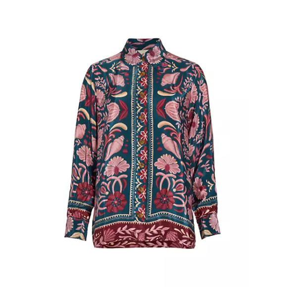 NEW Farm Rio Seashell Tapestry Buttoned Shirt Floral Salmon Pink Small - Picture 10 of 15